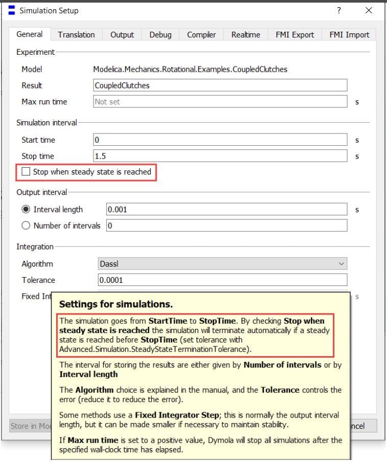 Figure 3. Snapshot of the Simulation Setup window highlighting where we can turn the "Stop when steady state is reached" on and off.
