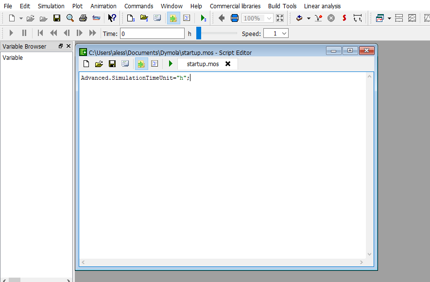 Step 2: Add the line Advanced.SimulationTimeUnit="h"; in the startup.mos script.