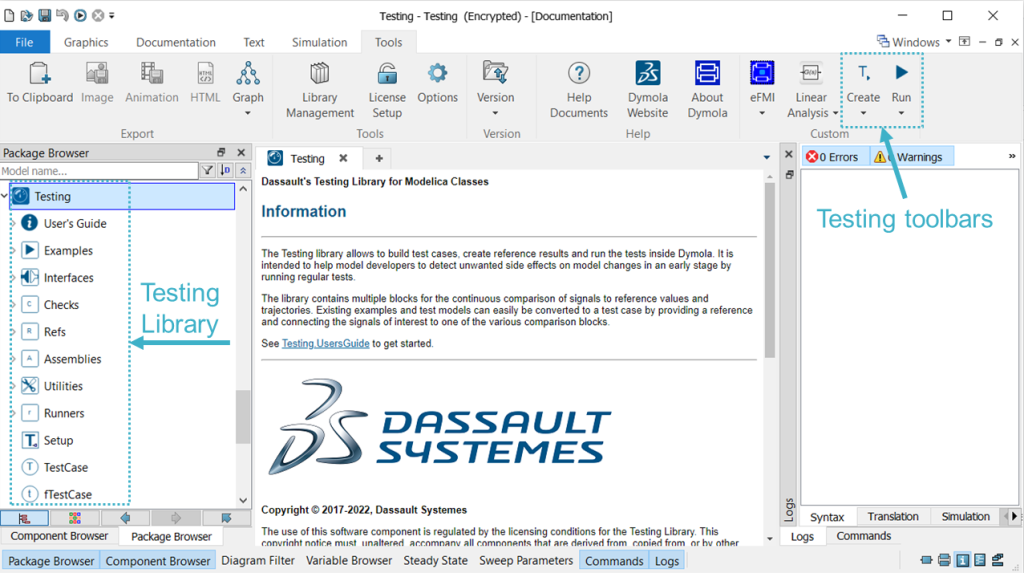 Figure 2: Testing Library structure in the Package Browser and toolbars
