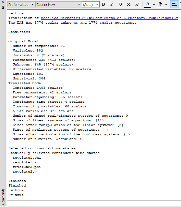 An example of the translation log, when output to the Commands window.