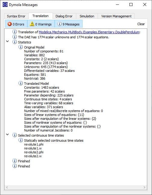 Typical translation log as displayed in the Messages window of the Dymola GUI, detailing information pertinent to understanding the model structure. 