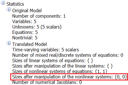 Figure 3.  Translation log of example in Figure 2 where the inverse functions are provided resulting in  Nonlinear systems being set to 0.