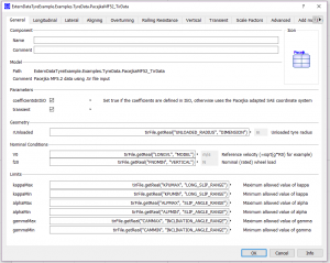 Tyre data record parameters linked to external data source