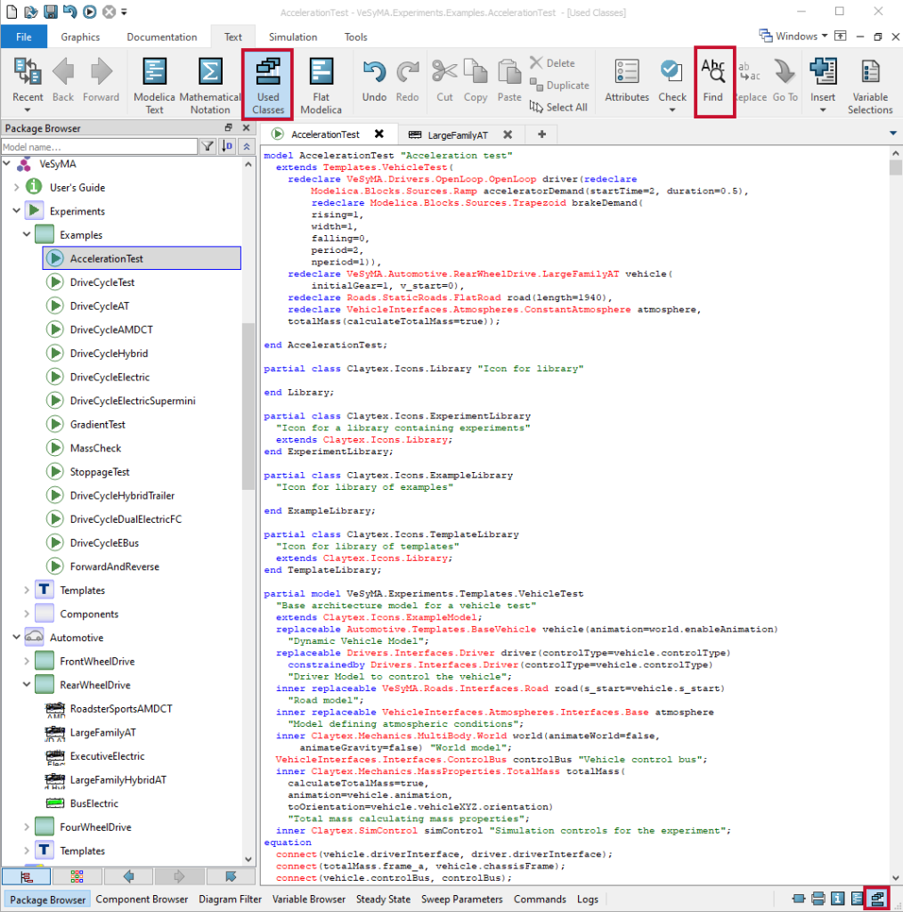Figure 5: The Used Classes layer of the vehicle experiments (VeSyMA.Experiments.Examples.AccelerationTest), where find button used for searching code