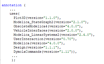 Uses annotation listing compatible Modelica libraries and versions