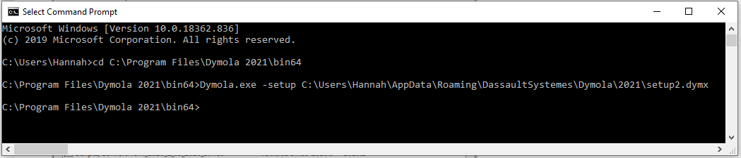 Command prompt launch of Dymola 2021 with setup2.dymx setup file