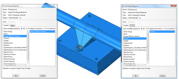 Creating a design response for Energy stiffness measure and for volume with Tosca