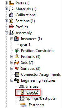 the Interaction module, using Special => Crack => Create, or by double clicking ‘Cracks’ in the model tree, under ‘Assembly’, ‘Engineering Features’