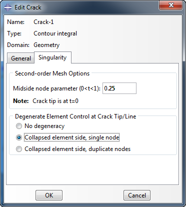 a midside node parameter of 0.25 and collapsed element sides with nodes constrained to move together
