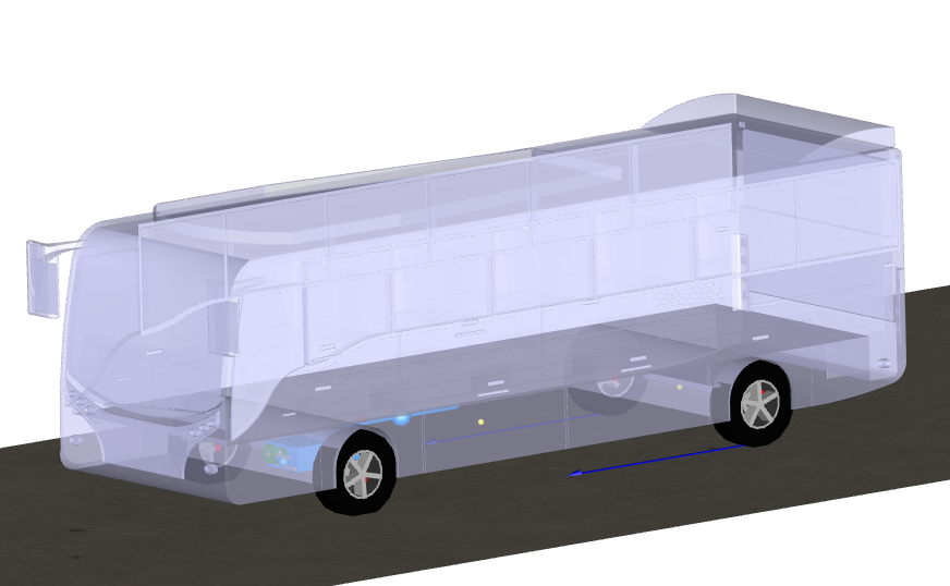Figure 2. Built-in visualisation of the bus, bus subsystems and road during an energy usage experiment. Horizontal arrows at each rear wheel show the contact patch traction force.