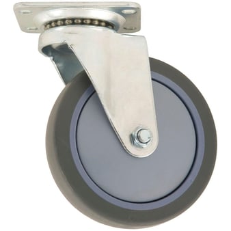 Typical swivel caster wheel. Note the bearing on the vertical mount which enables the fork to rotate, and the offset between the axis of rotation of the wheel (the bolt) and the axis of rotation of the vertical mount. Image: Home Depot. 