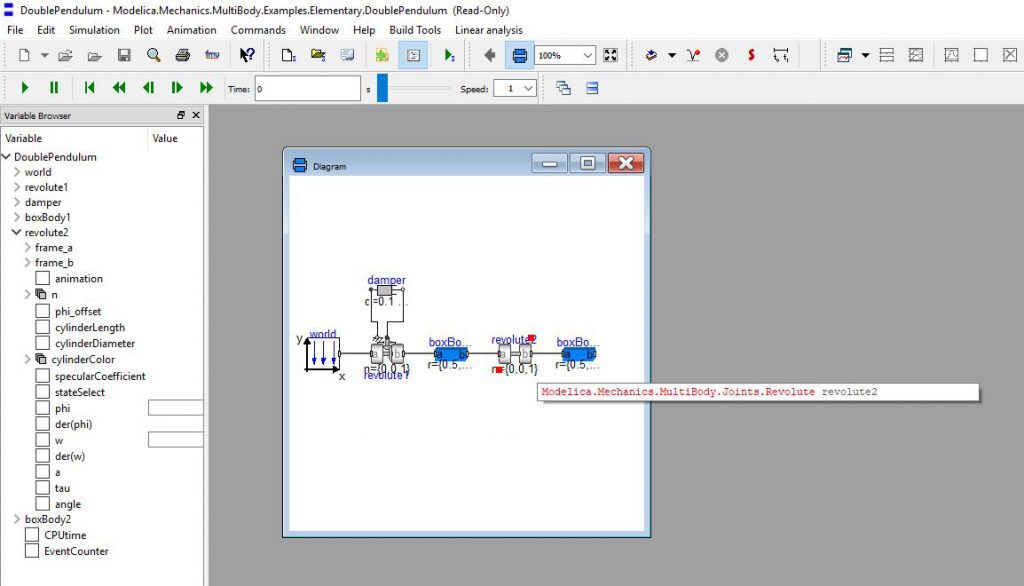 Figure 3: From the diagram in the simulation window, simply clicking on the component will open the component variable tree in the variable browser. 
