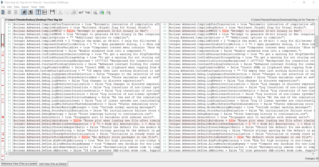 Figure 4: Various programmes exist to enable the comparison of our variable lists; I personally use diffMerge. Differences between the two files are shown in red.