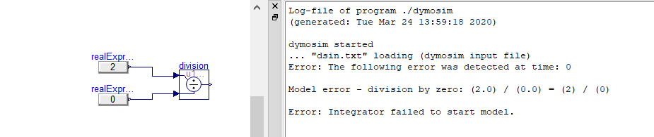 The simple model to the left produces the typical divide by zero error in Dymola