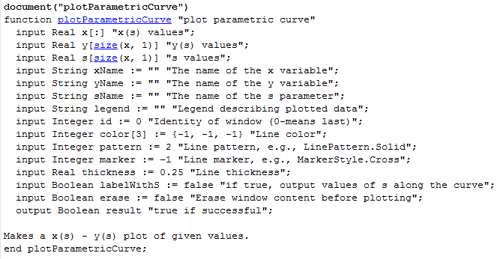Inputs and outputs of the function plotParametricCurve