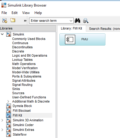 Figure 15: Go to FMI Kit in the library package and drag an FMU block into your model