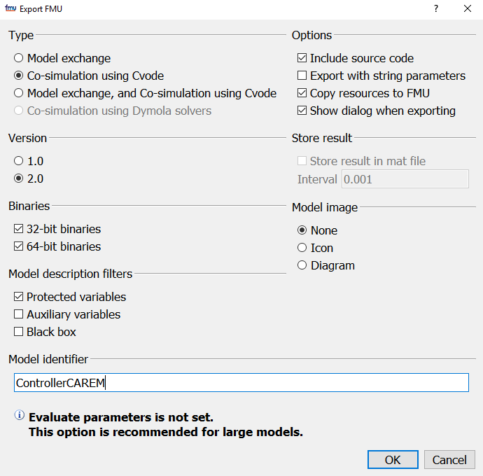 Figure 5: FMU export set up