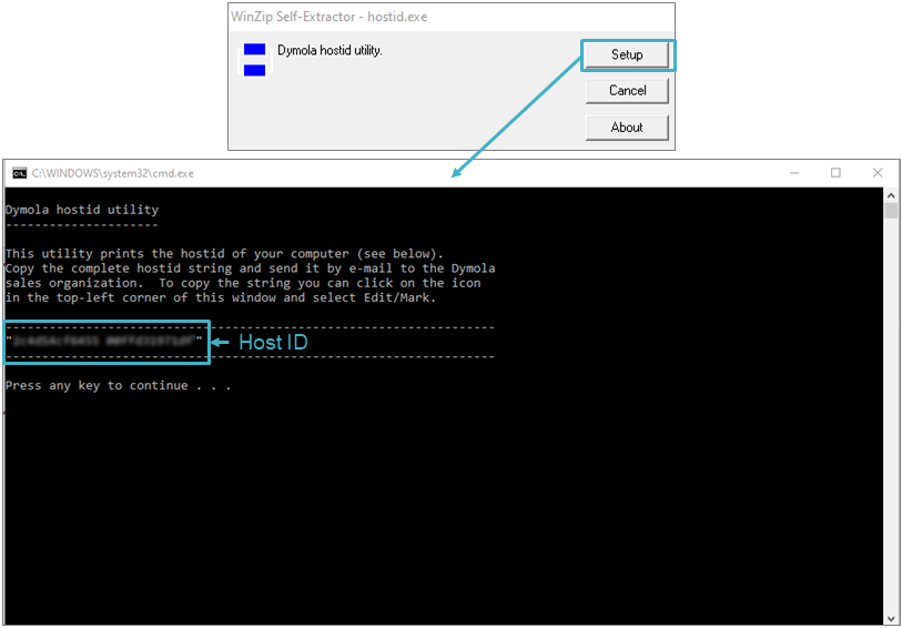 Figure 2: Executing the hostID.exe utility to discover the PC's host ID to update licenses to move Dymola to a new PC
