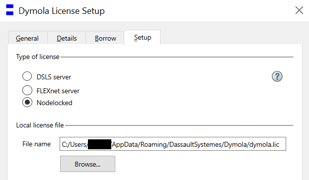 Dymola License Setup with the node locked license location.