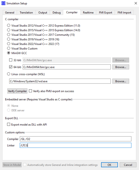 Figure 1. Selecting Visual Studio compiler and setting Compile and Link settings