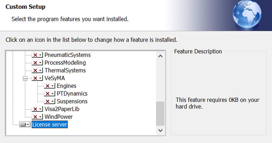Installing the License server software from the Dymola windows installation files