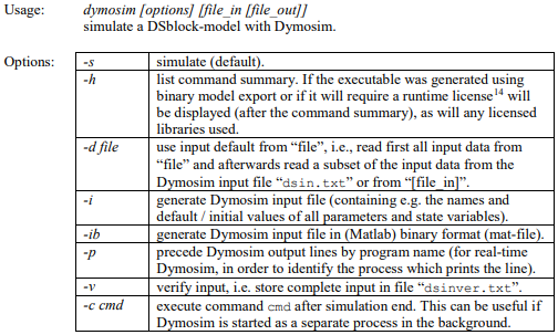 Figure 3.  dymosim command line options.  Image from the Dymola Full User Manual Section 5.4.4 (image from the Dymola User Manual).