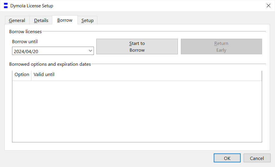 The Borrow tab in Tools>License Setup is used to check out licenses for a given time period