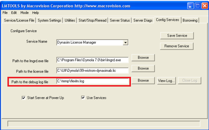 The LMTools Config Services tab with the location of the debug log highlighted