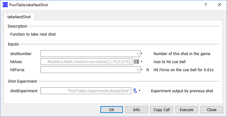The function interface for pool simulation in Dymola