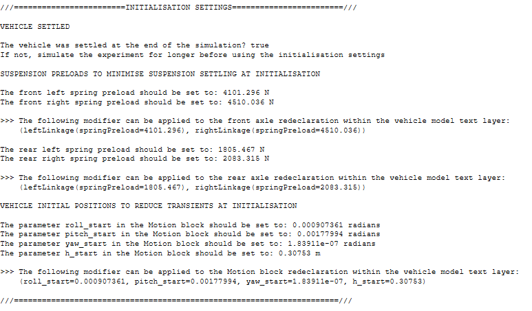 Excerpt from the Dymola simulation log of the InitialisationSetup experiment in the VeSyMA StaticTests package
