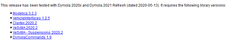 Figure 4: For all Claytex libraries, the Release Notes list the Dymola versions the libraries have been tested and developed for.