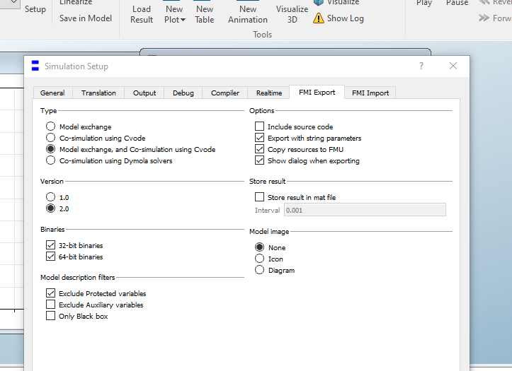 Figure 2: Using the GUI is the simplest way to take an overview of all the FMI export options available in Dymola