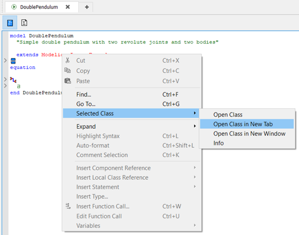 Figure 1: Right clicking on a Modelica path opens up a menu which enables the user to open the class in either another tab or window.