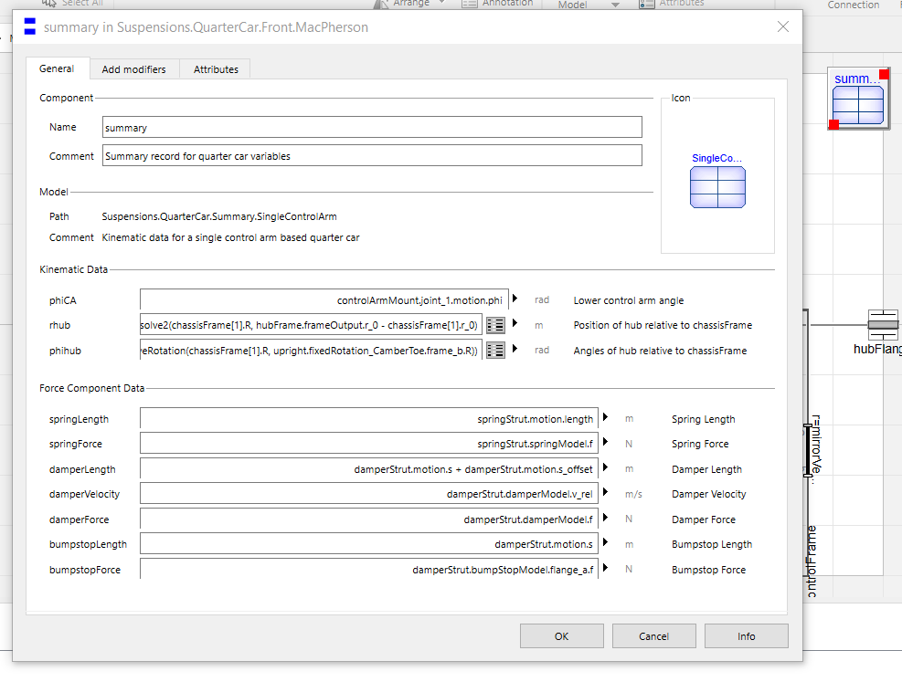 Figure 6: In the VeSyMA libraries, summary records feature inputs to enable important data to be easily identified in the simulation results. Rather than some input connectors and some inputs typed in the parameter dialog window, all the inputs are entered via the parameter dialog window.