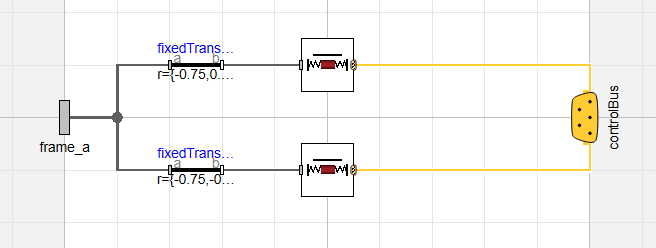 Figure 3: Just like the real car, two chassis rails are present. They only need to be connected to the chassis frame via a single connection; if they were connected at the rear, this would cause a multibody loop in the system.