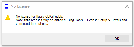 Figure 2: A dialog box such as this pops up indicating an unfulfilled license requirement on attempting to load a library.