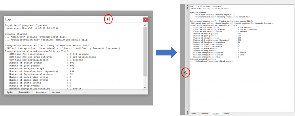 Figure 4: Double clicking on the top of the simulation log window will dock/un-dock the window from the last saved position. (cursor icon, freepik)