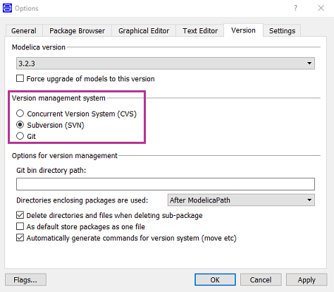 Options Menu For Version Control Settings
