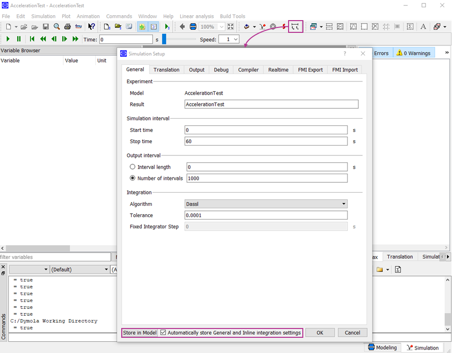 Simulation setup GUI in Dymola